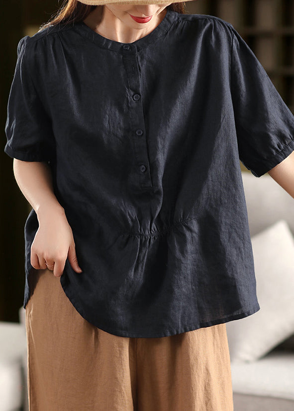 Yellow O Neck Wrinkled Linen Shirt Summer