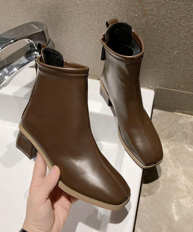 Comfortable Splicing Chunky Boots Brown Faux Leather Zippered Ankle Boots