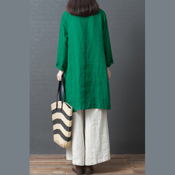 Green Linen Outfit Fabrics Chinese Button Short Side Open Dress Spring