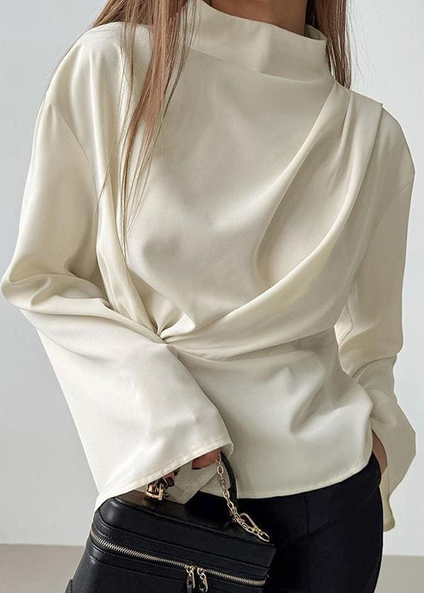 Beige Turtleneck Wrinkled Chiffon Shirt Fall