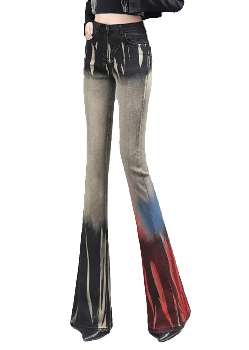 Asymmetrical Tie Dye Denim Bell-bottom Trousers Spring