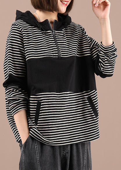 Black Patchwork Striped Hooded Pockets Fall Pullover