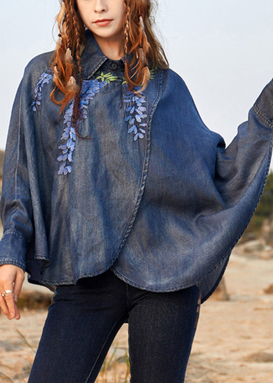 Novelty Denim Blue Asymmetrical Design Peter Pan Collar Embroideried Cotton Top Long Sleeve