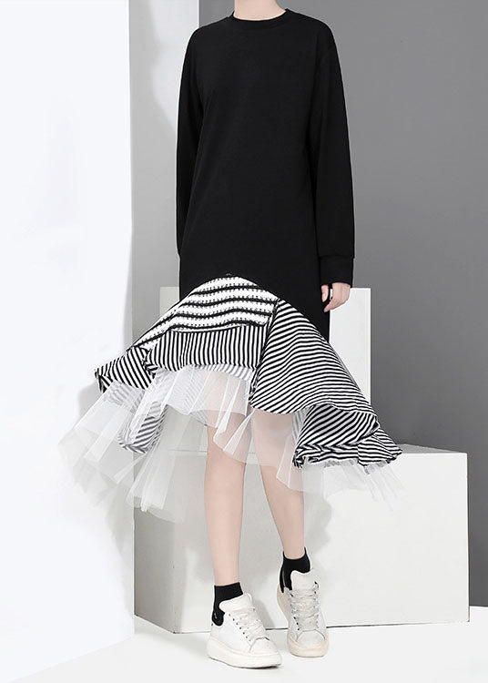 Black Tulle Patchwork Holiday Dress O-neck Ruffles Asymmetrical Spring
