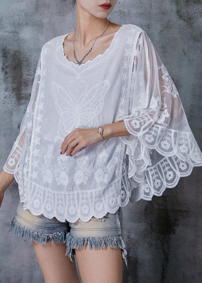 White Embroidered Butterfly Cotton Blouses Summer