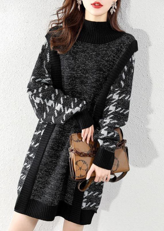 Black O-neck Patchwork Knit Sweater Dress Winter