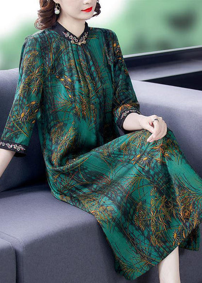 Green Stand Collar Print Silk Dress Half Sleeve