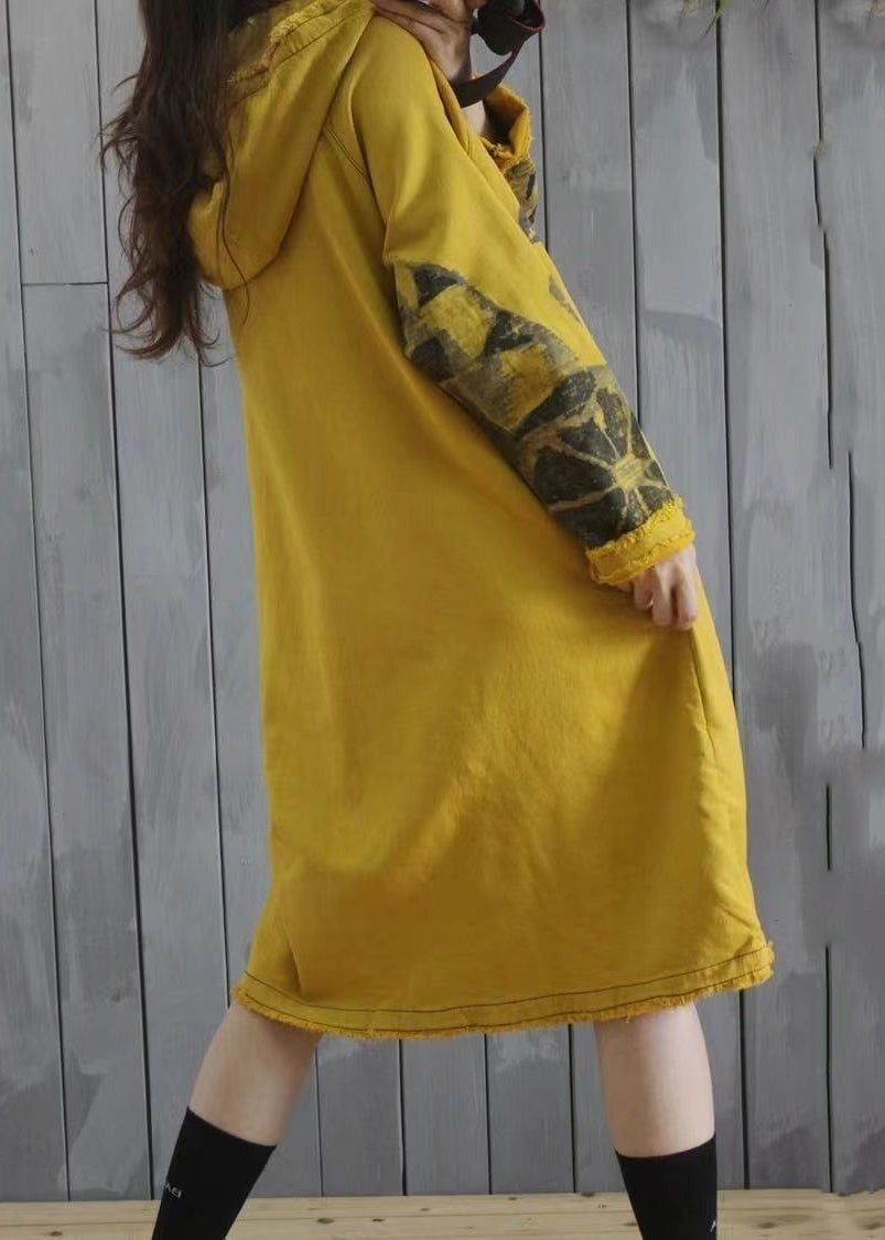 Purple Hooded Print Patchwork Cotton Dress Spring