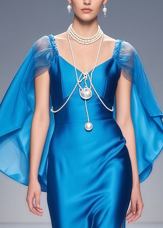 Blue Cloak Patchwork Side Open Silk Dinner Dresses Summer