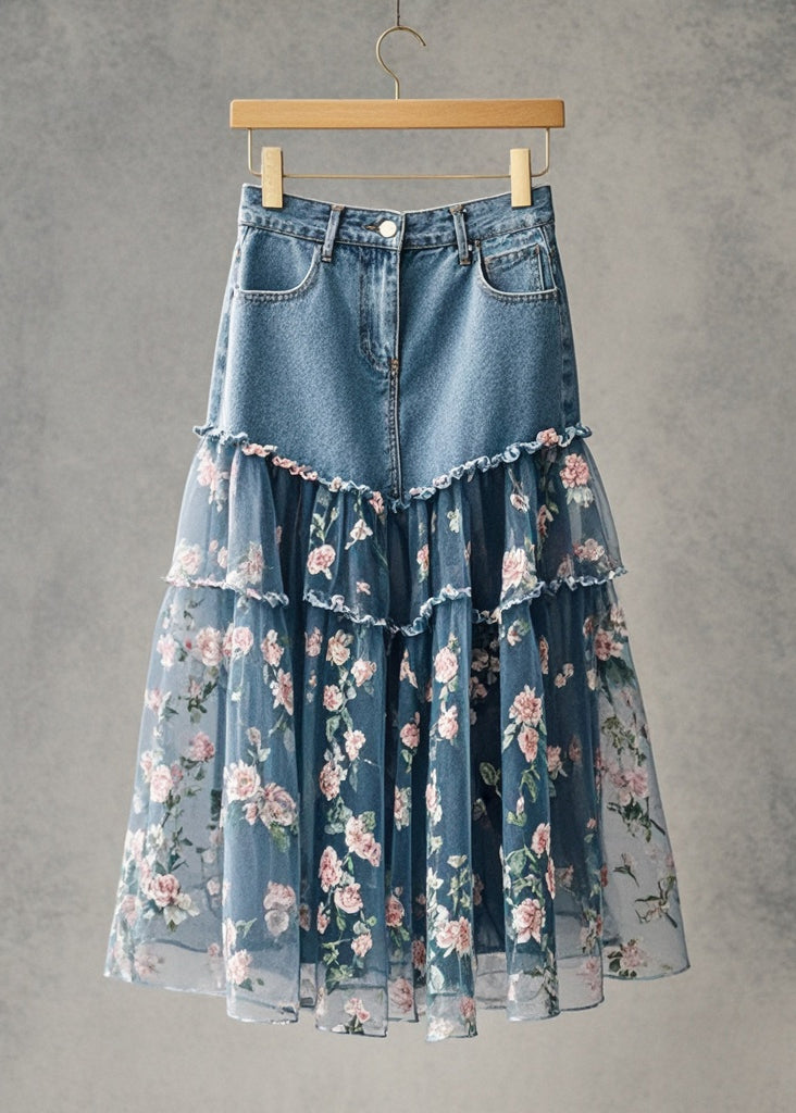 Pink Flower Print Patchwork Tulle Denim Skirt Fall