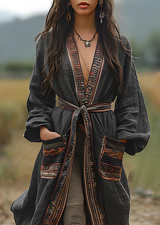 Black Print Pockets Cotton Loose Cardigans Spring