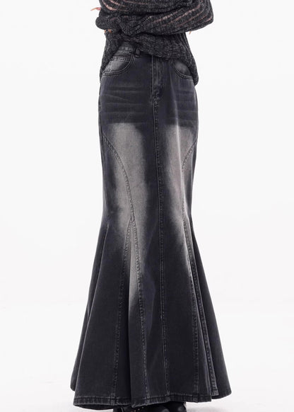 Black Pockets High Waist Denim Maxi Skirts Fall