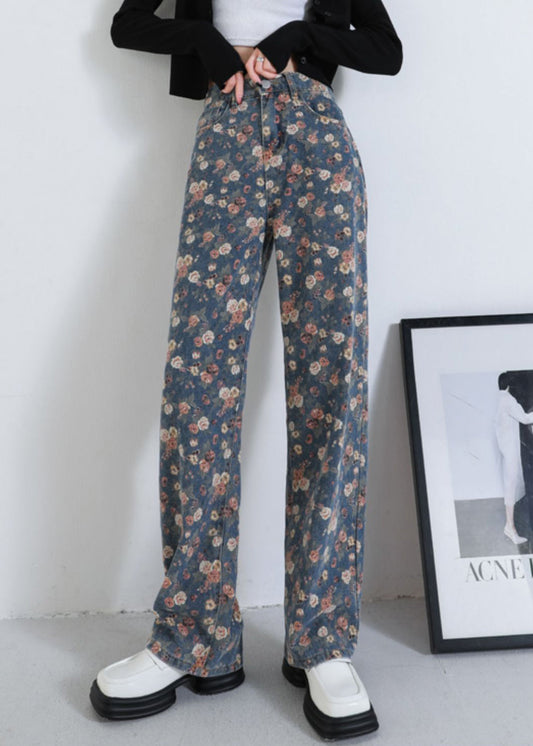 Navy Oversized Print Warm Fleece Denim Straight Pants Winter