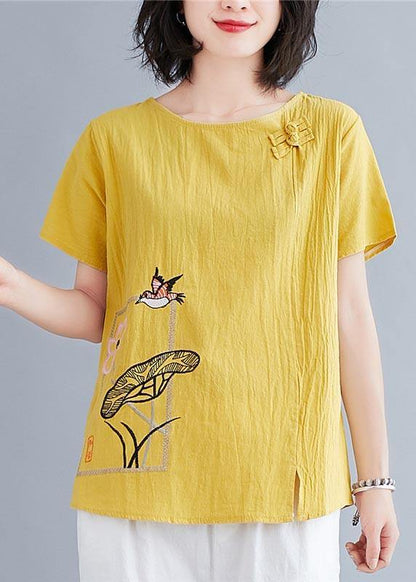 Yellow Oriental Cotton Linen Blouses Summer