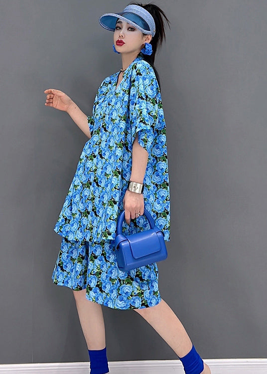 Blue V Neck Print Cotton Cinch Top and Shorts Two Pieces Set Short Sleeve