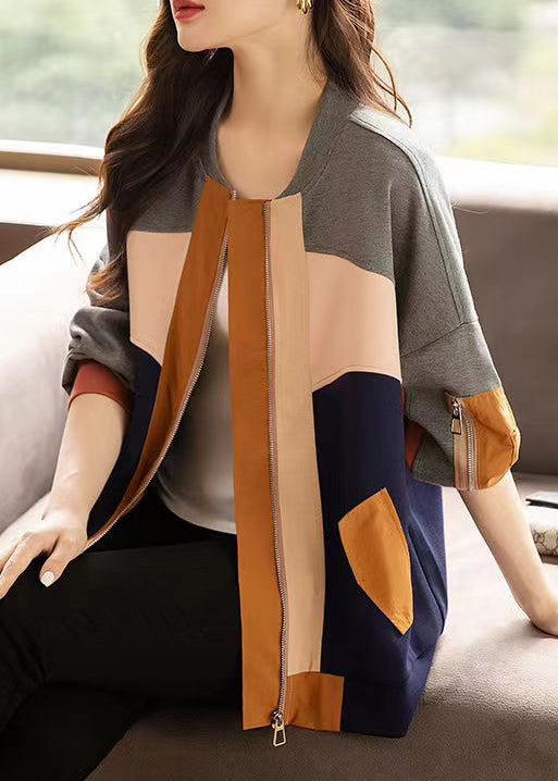 Colorblock Zip Up Asymmetrical Patchwork Cotton Coat Fall