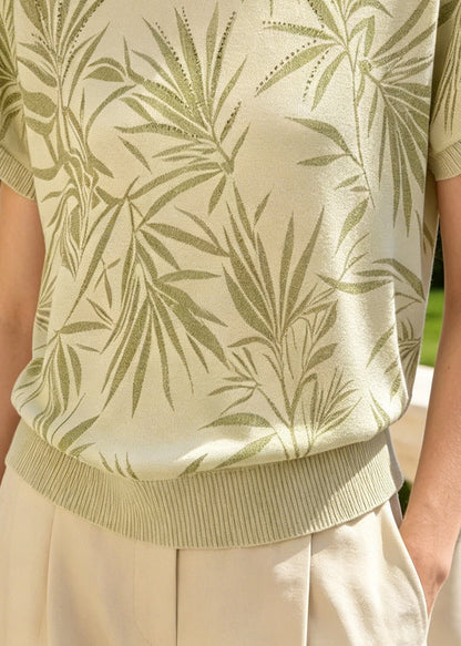 Green Bamboo Print Zircon Knit Shirt Tops Summer