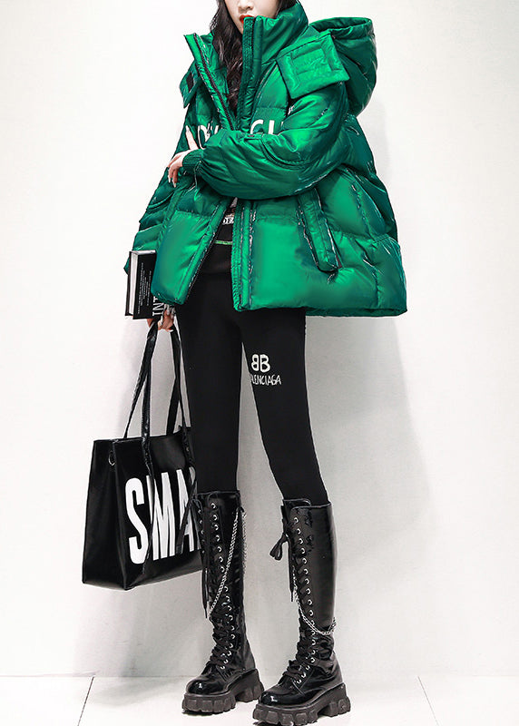 Red Zip Up Pockets Graphic Duck Down Hooded Coats Winter