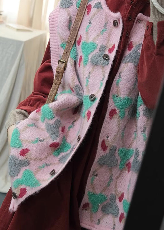 Pink O Neck Jacquard Knit Vest Tops Sleeveless