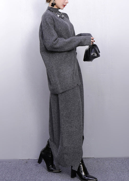Grey High Neck Side Open Knit Two Pieces Set Winter