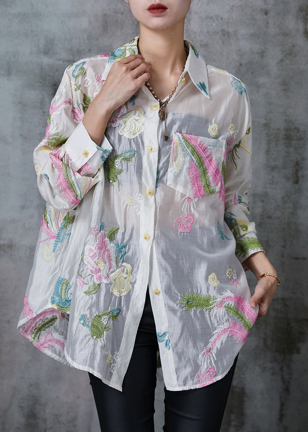 White Linen Silk Upf 50+ Shirt Top Embroidered Summer
