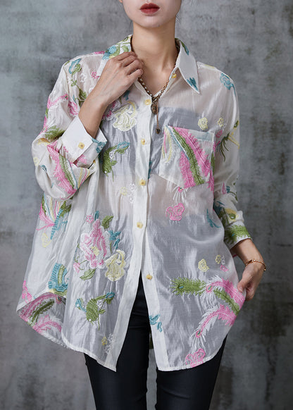 White Linen Silk Upf 50+ Shirt Top Embroidered Summer