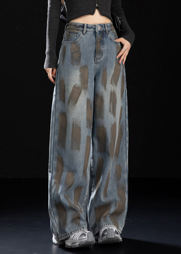 Navy Oversized Painting Warm Fleece Denim Pants Winter