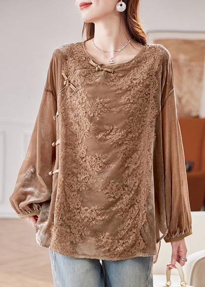 Coffee Lace Patchwork Side Open Silk Velour Shirt Spring