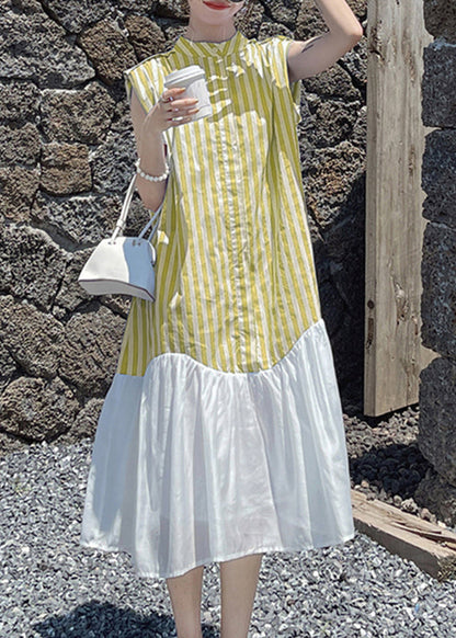 Blue Striped Patchwork Button Chiffon Long Dress Summer