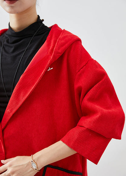 Red Hooded Big Pockets Corduroy Trench Coat Fall