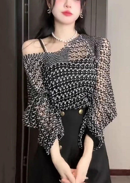 French Black Hollow Out Thin Knit Sweater Batwing Sleeve Fall