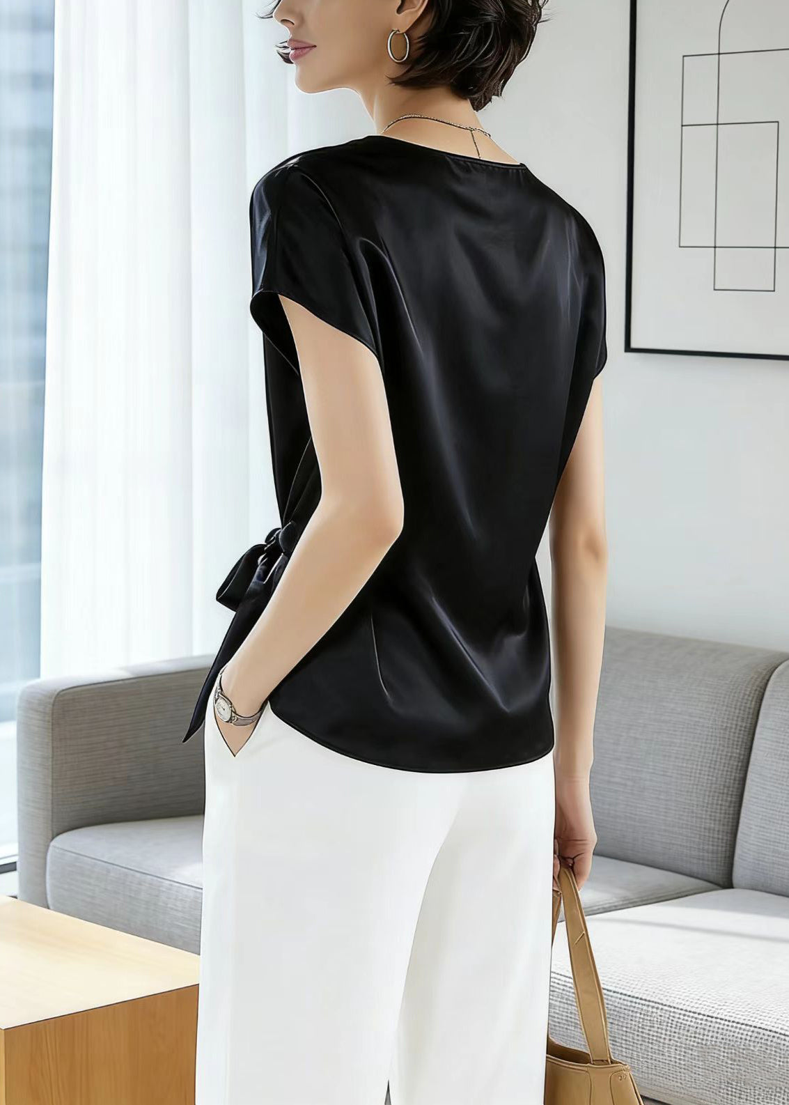 Simple Style Black O Neck Lace Up Silk Tops Summer