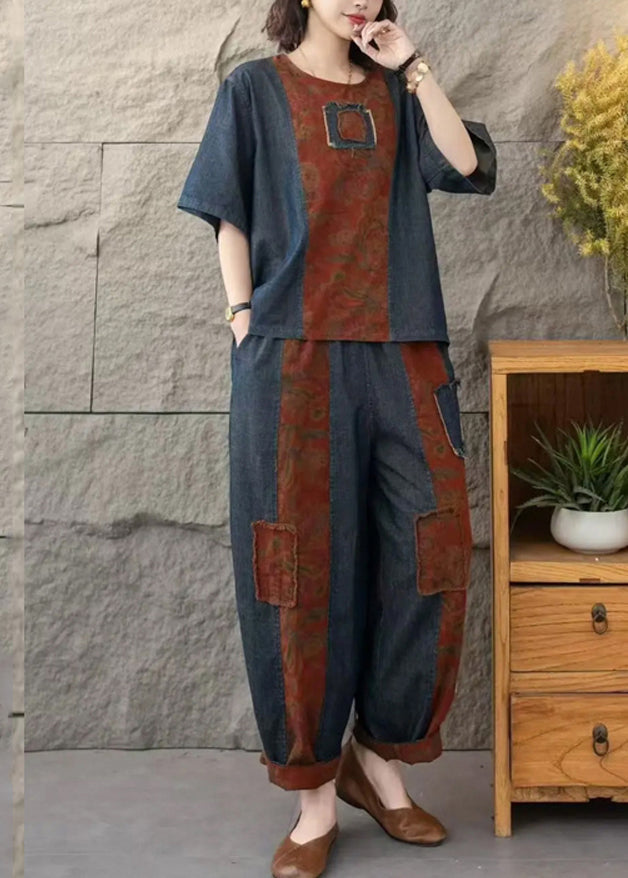 Navy Patchwork Applique Denim Two Pieces Set Oversized Summer