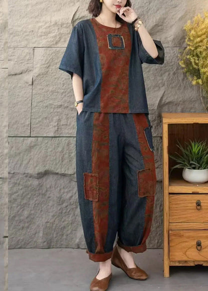 Navy Patchwork Applique Denim Two Pieces Set Oversized Summer