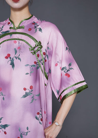 Light Purple Print Chinese Style Long Dresses Half Sleeve