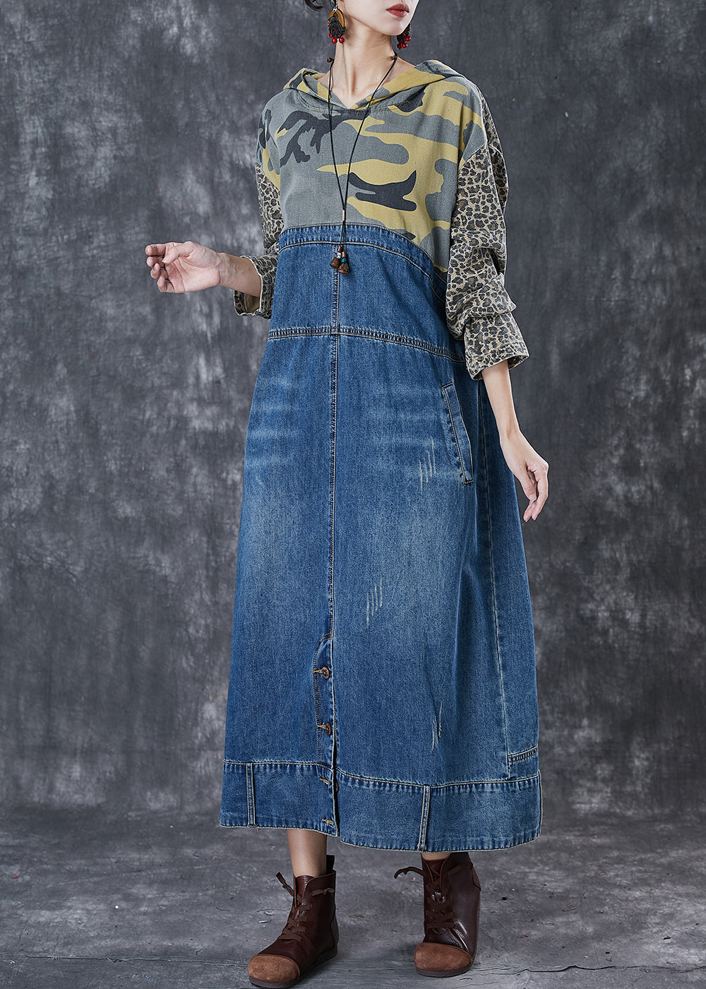 Blue Oversized Patchwork Denim Holiday Dresses Spring