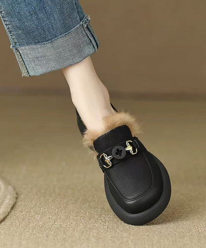 Brown Fuzzy Wool Lined Splicing Platform Loafers for