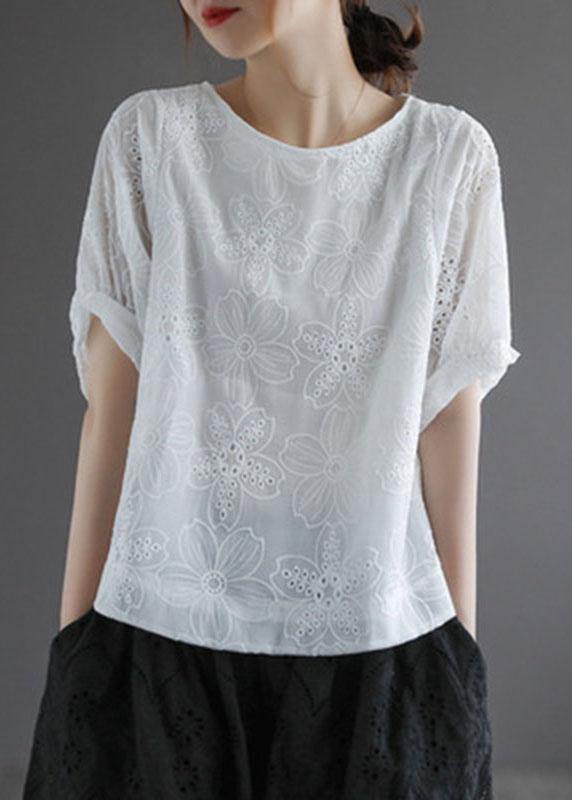 White O-neck Hollow Out Summer Retro Half Sleeve Top