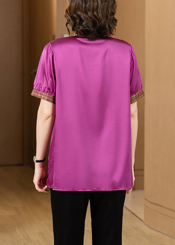 Purple Peter Pan Collar Button Patchwork Silk T Shirt Summer
