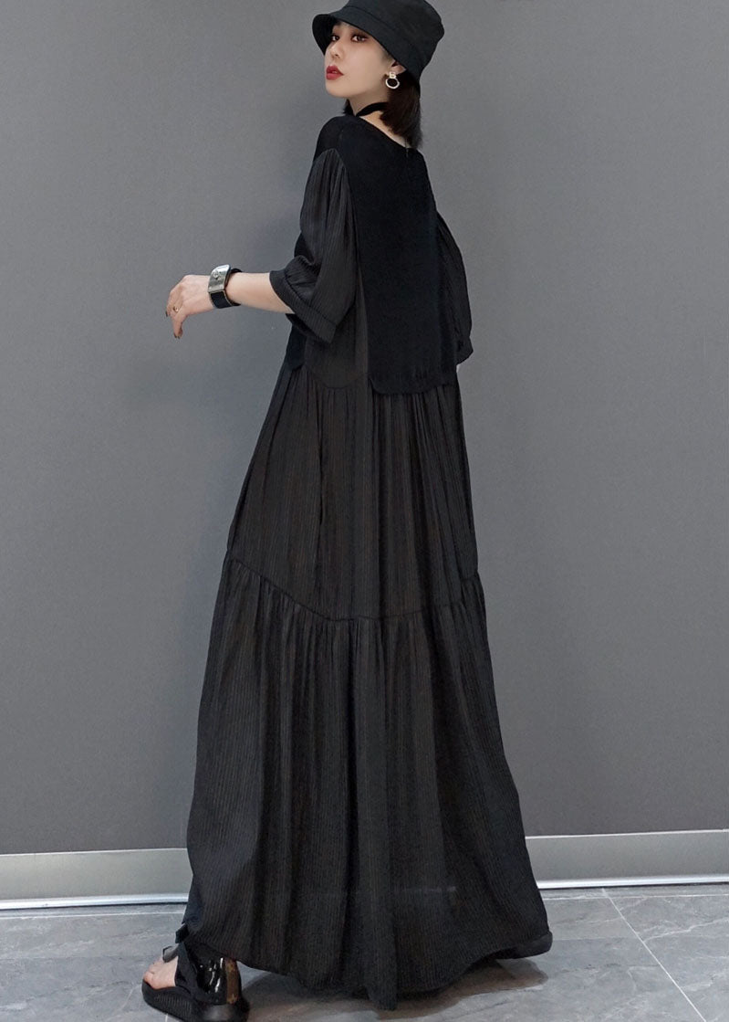 Unique Black V Neck Patchwork Long Dresses Half Sleeve