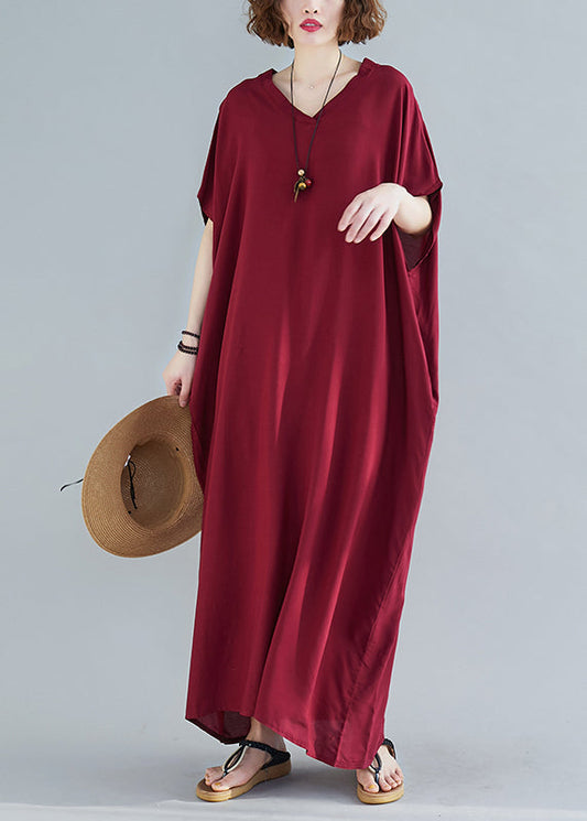 Red V Neck Cotton Ankle Dress Short Sleeve
