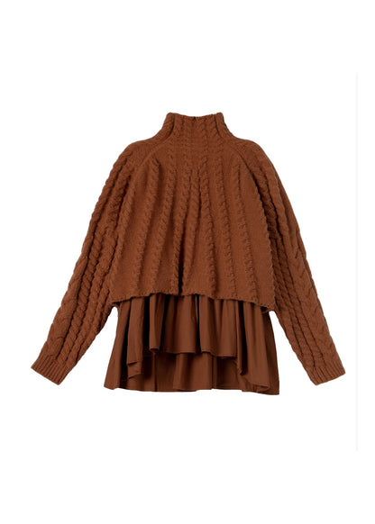Style Beige Hign Neck False Two Pieces Knit Sweaters Winter