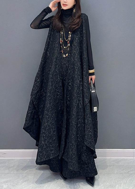 Jacquard Black Asymmetrical Patchwork Waistcoat and Pants Cotton Two Pieces Set Sleeveless Fall