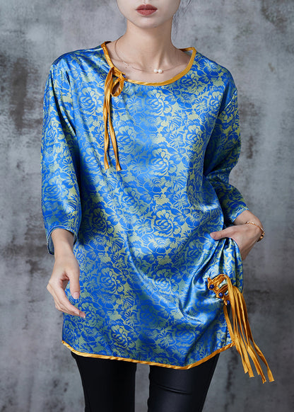 Blue Tasseled Print Silk Blouses Bracelet Sleeve