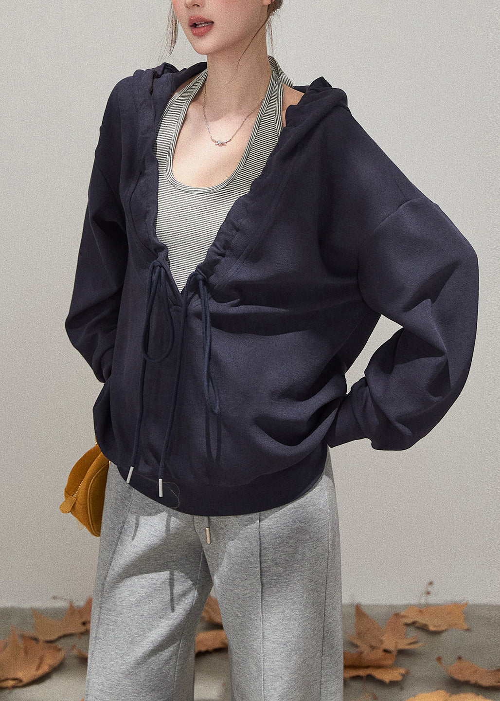 Navy Oversized Cotton Pullover Hooded Drawstring Fall