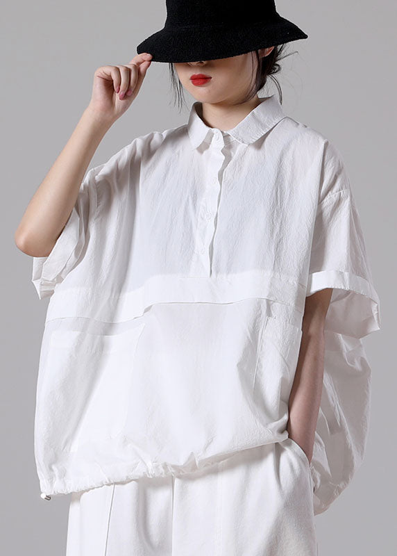 White Loose Cotton Blouse Tops Peter Pan Collar Button Short Sleeve