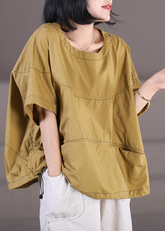 Yellow O-neck Pockets Line Cotton Top Short Sleeve