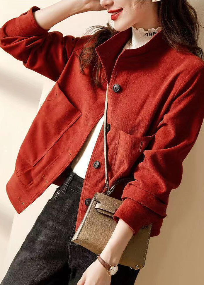 Red Button Pockets Patchwork Cotton Coats Long Sleeve