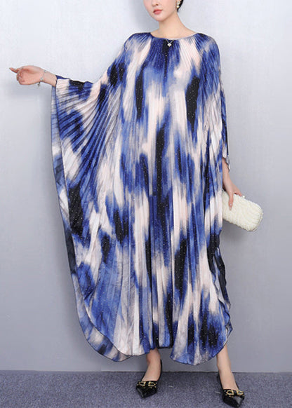 Blue Print Oversized Long Dresses Batwing Sleeve