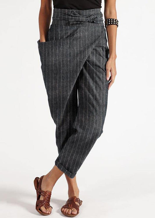 Grey Striped High Waist Cotton Harem Pants Summer
